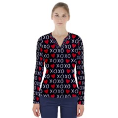 Xo Valentines Day Pattern V-neck Long Sleeve Top by Valentinaart