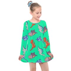 Dinosaurs - Aqua Green Kids  Long Sleeve Dress by WensdaiAmbrose