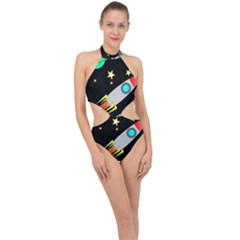 Planet Rocket Space Stars Halter Side Cut Swimsuit by Wegoenart