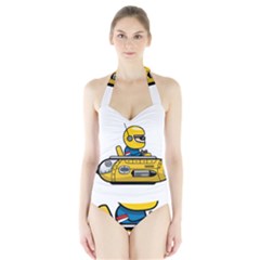 Cartoon Space Racer Galaxy Science Halter Swimsuit by Wegoenart