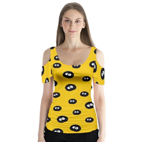 Totoro - Soot Sprites Pattern Butterfly Sleeve Cutout Tee  by Valentinaart