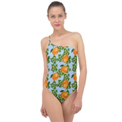 Citrus Tropical Orange Blue Classic One Shoulder Swimsuit by snowwhitegirl