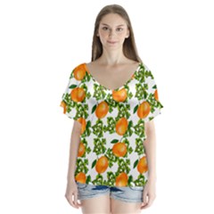 Citrus Tropical Orange White V-neck Flutter Sleeve Top by snowwhitegirl