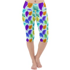 Colorful Leaves Blue Lightweight Velour Cropped Yoga Leggings by snowwhitegirl