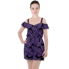 Tropical Leaves Purple Ruffle Cut Out Chiffon Playsuit by snowwhitegirl