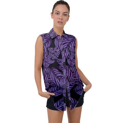 Tropical Leaves Purple Sleeveless Chiffon Button Shirt by snowwhitegirl