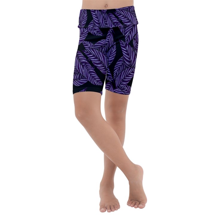 Tropical Leaves Purple Kids  Lightweight Velour Cropped Yoga Leggings