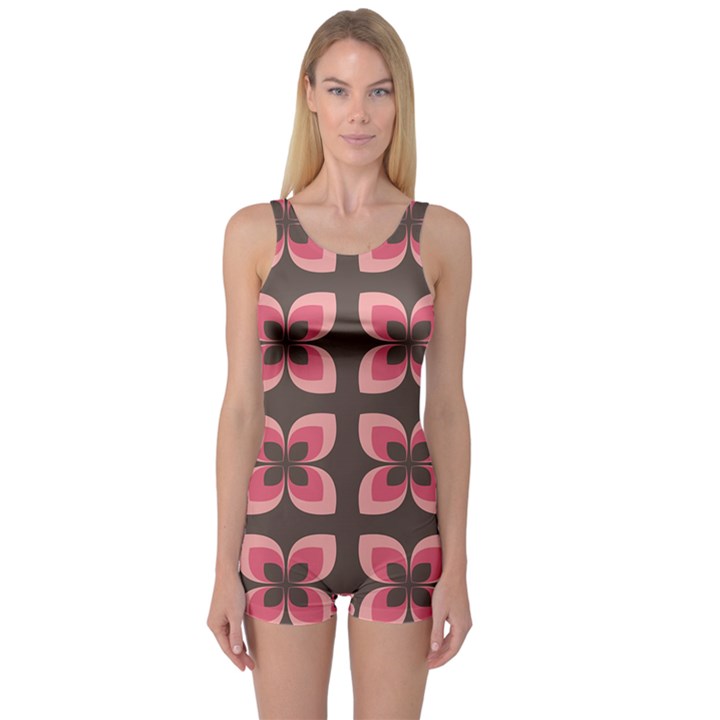 Retro Flower Pink Brown One Piece Boyleg Swimsuit