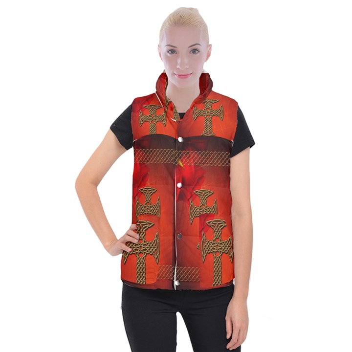 Wonderful Celtic Cross On Vintage Background Women s Button Up Vest