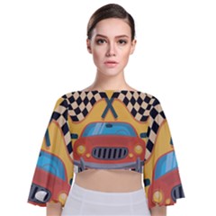 Automobile Car Checkered Drive Tie Back Butterfly Sleeve Chiffon Top by Sudhe