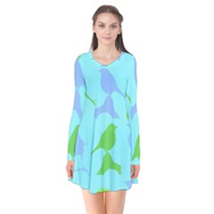 Bird Watching - Light Blue Green- Long Sleeve V-neck Flare Dress by WensdaiAmbrose