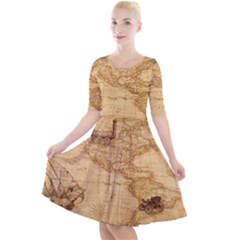 Map Discovery America Ship Train Quarter Sleeve A-line Dress by Sudhe