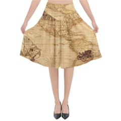 Map Discovery America Ship Train Flared Midi Skirt by Sudhe