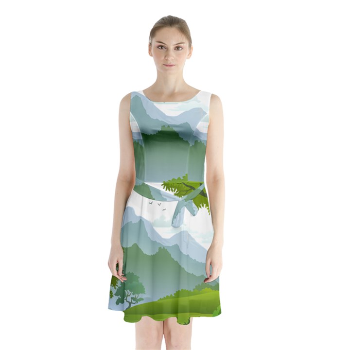 Forest Landscape Photography Illustration Sleeveless Waist Tie Chiffon Dress