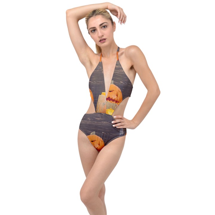 Old crumpled pumpkin Plunging Cut Out Swimsuit