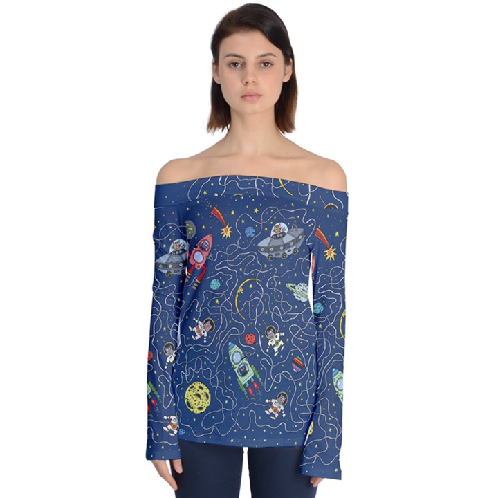 Cat Cosmos Cosmonaut Rocket Off Shoulder Long Sleeve Top