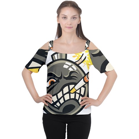 Smoking Cartoon Evil Bomb Cartoon Cutout Shoulder Tee by Sudhe