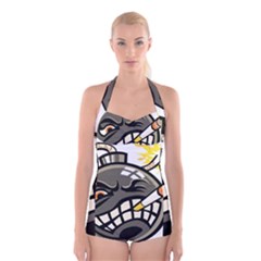 Smoking Cartoon Evil Bomb Cartoon Boyleg Halter Swimsuit  by Sudhe