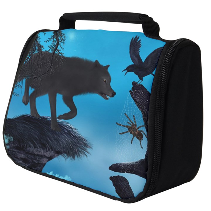 Awesome Black Wolf With Crow And Spider Full Print Travel Pouch (Big)