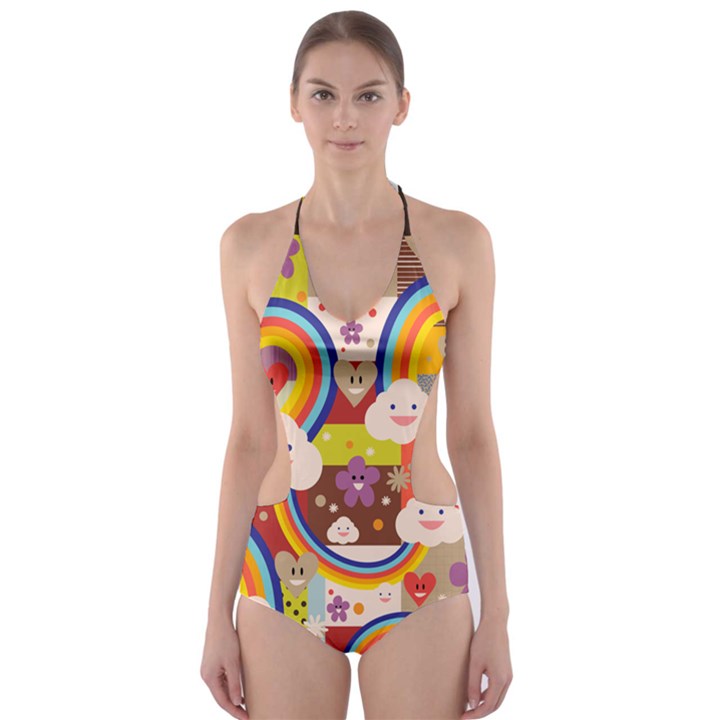 Rainbow Vintage Retro Style Kids Rainbow Vintage Retro Style Kid funny Pattern with 80s clouds Cut-Out One Piece Swimsuit