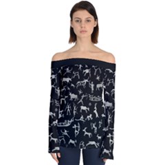 Petroglyph Nordic Beige And Black Background Petroglyph Nordic Beige And Black Background Off Shoulder Long Sleeve Top by snek