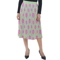 Roses Flowers Pink And Pastel Lime Green Pattern With Retro Dots Classic Velour Midi Skirt  by genx