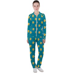 Toast With Cheese Funny Retro Pattern Turquoise Green Background Casual Jacket And Pants Set by genx