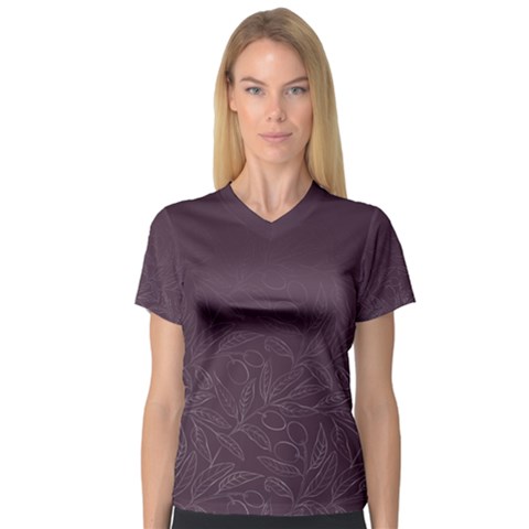 Organic Olive Leaves Pattern Hand Drawn Purple Red Wine V-neck Sport Mesh Tee by genx