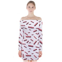 Funny Bacon Slices Pattern Infidel Red Meat Long Sleeve Off Shoulder Dress by genx