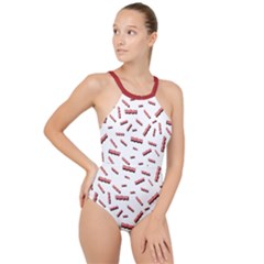 Funny Bacon Slices Pattern Infidel Red Meat High Neck One Piece Swimsuit by genx