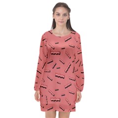 Funny Bacon Slices Pattern Infidel Vintage Red Meat Background  Long Sleeve Chiffon Shift Dress  by genx