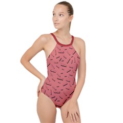 Funny Bacon Slices Pattern Infidel Vintage Red Meat Background  High Neck One Piece Swimsuit by genx