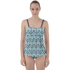 Easter Damask Pattern Robins Egg Blue And Brown Twist Front Tankini Set by emilyzragz