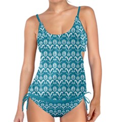 Easter Damask Pattern Deep Teal Blue And White Tankini Set by emilyzragz