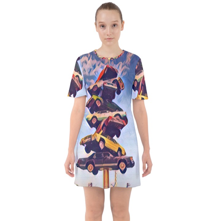 Pretty Colors Cars Sixties Short Sleeve Mini Dress