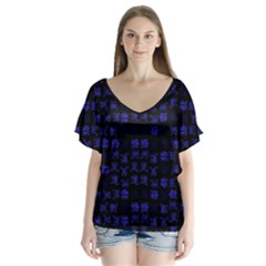 Neon Oriental Characters Print Pattern V-neck Flutter Sleeve Top by dflcprintsclothing