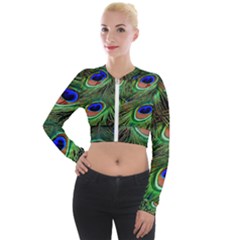 Peacock Feathers Long Sleeve Cropped Velvet Jacket by snowwhitegirl