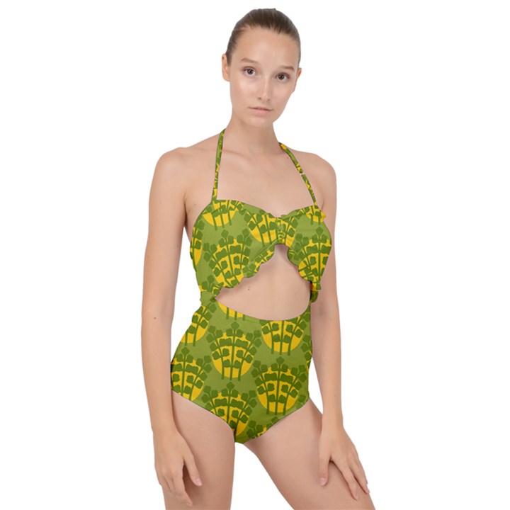 Texture Plant Herbs Green Scallop Top Cut Out Swimsuit