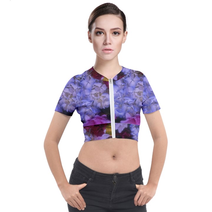 Hydrangea Arrangement II (Blue Tint) Short Sleeve Cropped Jacket