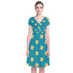 Toast With Cheese Pattern Turquoise Green Background Retro Funny Food Short Sleeve Front Wrap Dress by genx