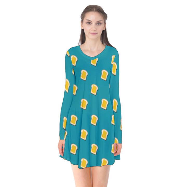 Toast With Cheese Pattern Turquoise Green Background Retro funny food Long Sleeve V-neck Flare Dress