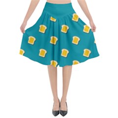 Toast With Cheese Pattern Turquoise Green Background Retro Funny Food Flared Midi Skirt by genx