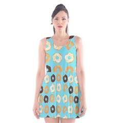 Donuts Pattern With Bites Bright Pastel Blue And Brown Scoop Neck Skater Dress by genx