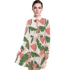 Tropical Watermelon Leaves Pink And Green Jungle Leaves Retro Hawaiian Style Long Sleeve Chiffon Shirt Dress by genx