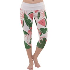 Tropical Watermelon Leaves Pink And Green Jungle Leaves Retro Hawaiian Style Capri Yoga Leggings by genx