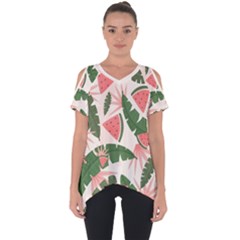 Tropical Watermelon Leaves Pink And Green Jungle Leaves Retro Hawaiian Style Cut Out Side Drop Tee by genx