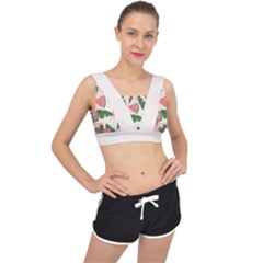 Tropical Watermelon Leaves Pink And Green Jungle Leaves Retro Hawaiian Style V-back Sports Bra by genx