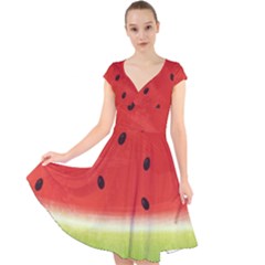 Juicy Paint Texture Watermelon Red And Green Watercolor Cap Sleeve Front Wrap Midi Dress by genx