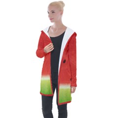 Juicy Paint Texture Watermelon Red And Green Watercolor Longline Hooded Cardigan by genx