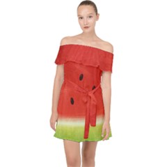 Juicy Paint Texture Watermelon Red And Green Watercolor Off Shoulder Chiffon Dress by genx